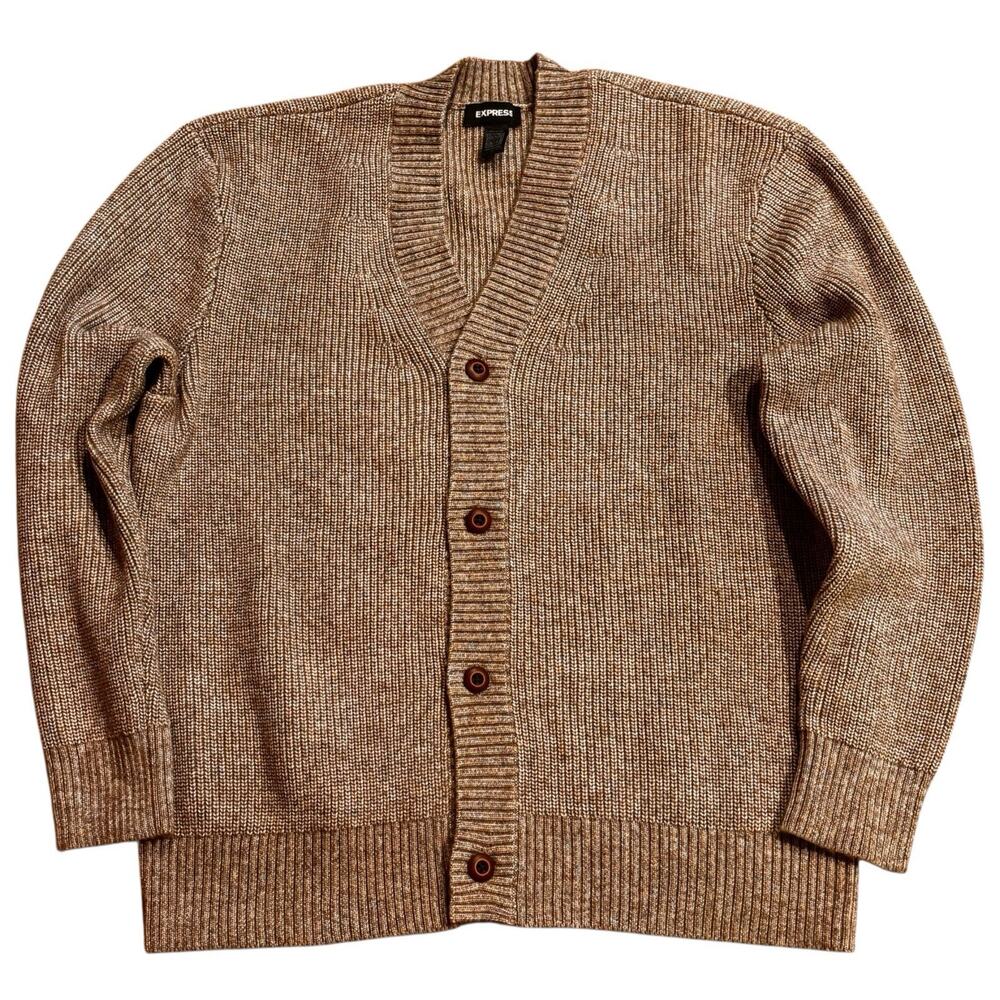 Express Wool Blend Marled Knit V-Neck Cardigan Tan Heather Men's Large
